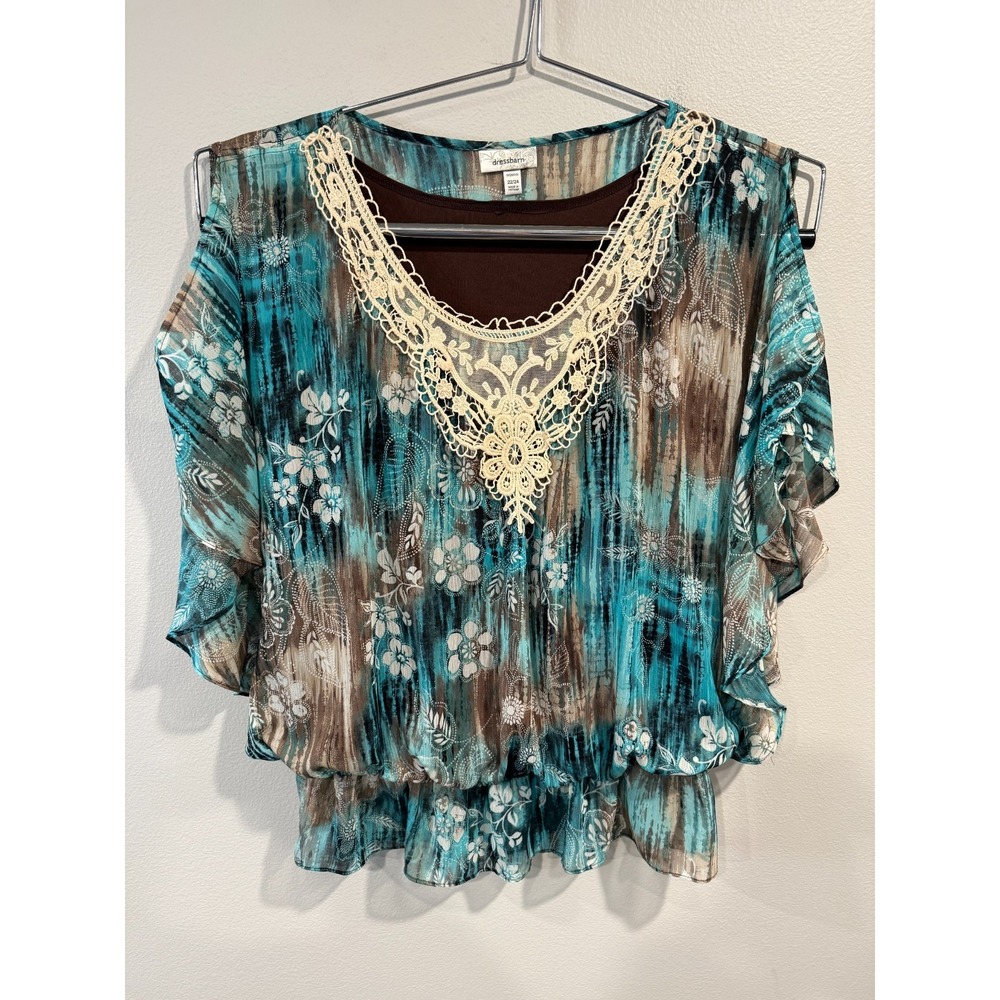 Dressbarn Blouse Women's 22/24 Multicolor‎ Floral Lace V-Neck Sleeveless Ruffle